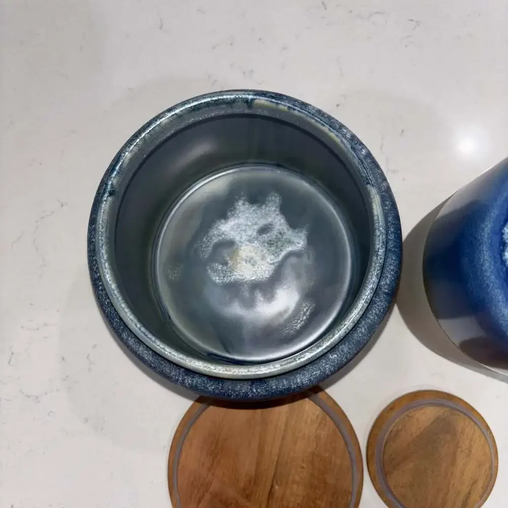 Set of 2 World Market Blue and Cream Ceramic Canisters Wooden Lids